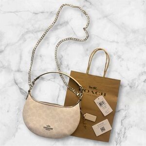 Coach Beige Shoulder Bag Mini Payton Bag with chain long strap and charm
